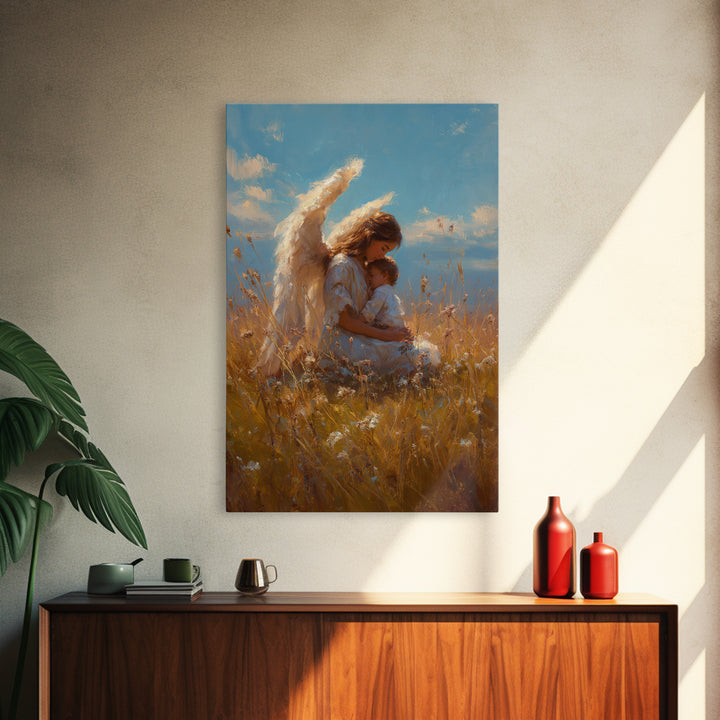 Guardian Angel Mother Holding Baby In Golden Wheat Field Canvas Print, Christian Wall Art, Nursery Decor, Mothers Day Gift