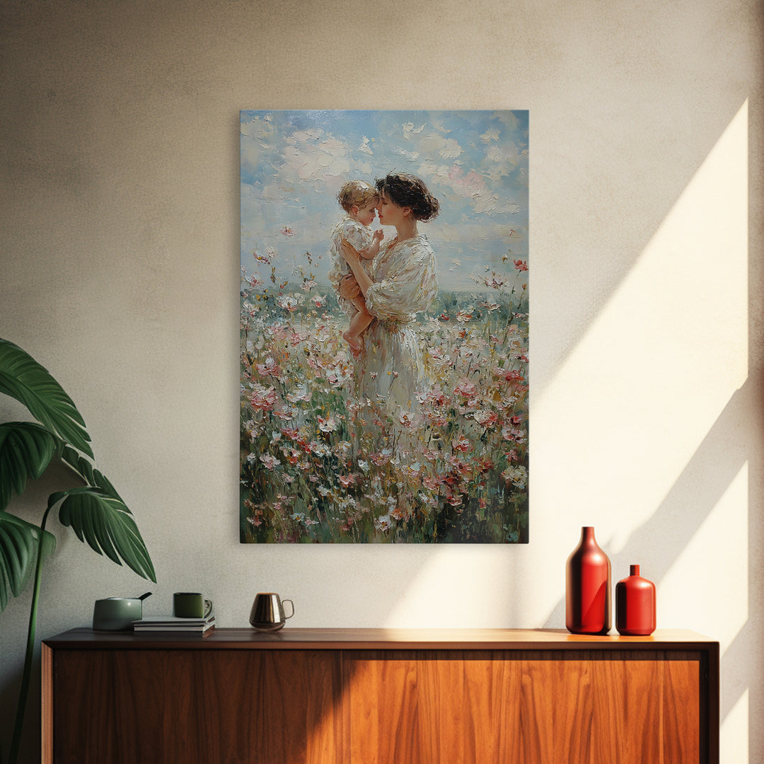 Mother And Baby Among White Wildflowers Framed Canvas Print, Impressionist Floral Wall Art, Nursery Decor, Gift For Her, Mothers Day Gift