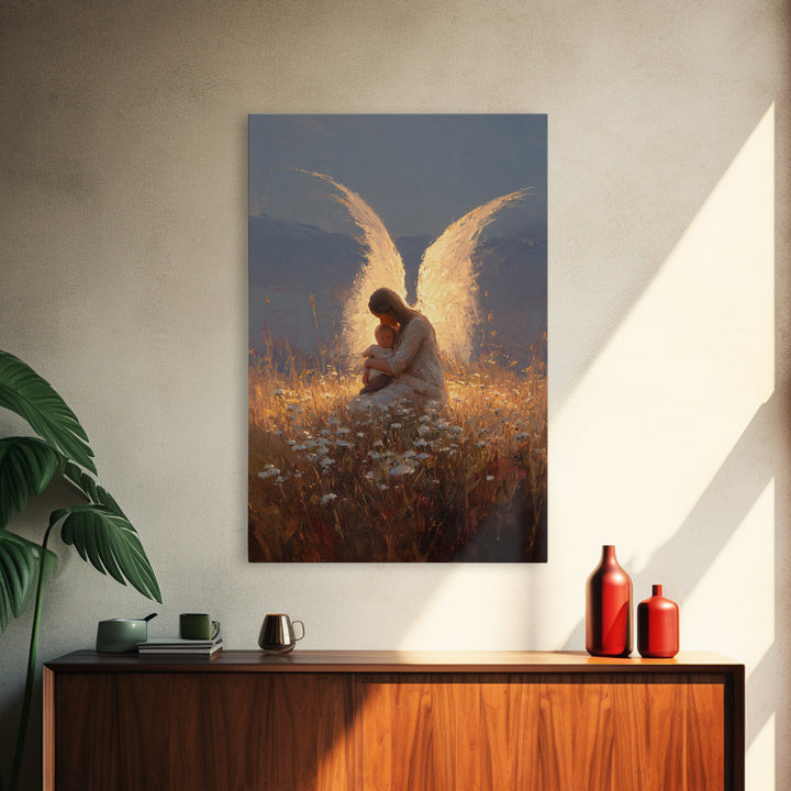 Glowing Guardian Angel With Baby In Twilight Meadow Canvas Print, Christian Wall Art, Spiritual Decor, Nursery Decor, Gift For Her
