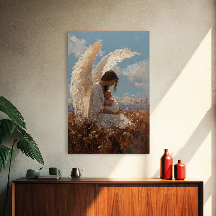 Guardian Angel Mother Cradling Baby In Golden Meadow Canvas Print, Christian Wall Art, Nursery Decor, Mothers Day Gift, Home Decor