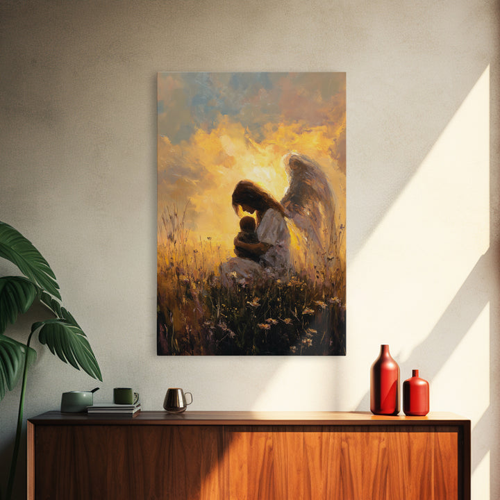Golden Guardian Angel With Child Wall Art, Christian Nursery Decor, Spiritual Canvas, Angel Painting, Gift For Mom, Living Room Decor