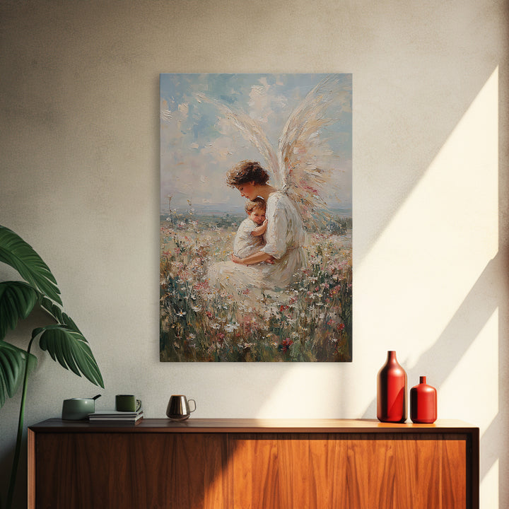Serene Angel Holding Child Canvas Print, Christian Wall Art, Nursery Wall Decor, Spiritual Gift, Fine Art Print, Home Decor
