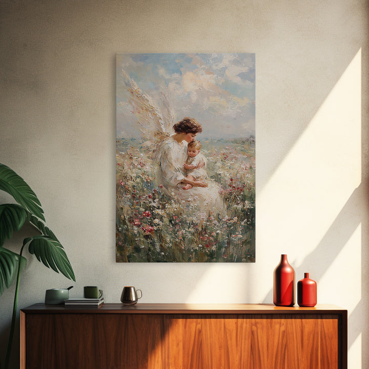 Motherly Angel With Baby In Wildflowers Wall Art, Christian Nursery Decor, Guardian Angel Print, Baptism Gift For Mom And Baby