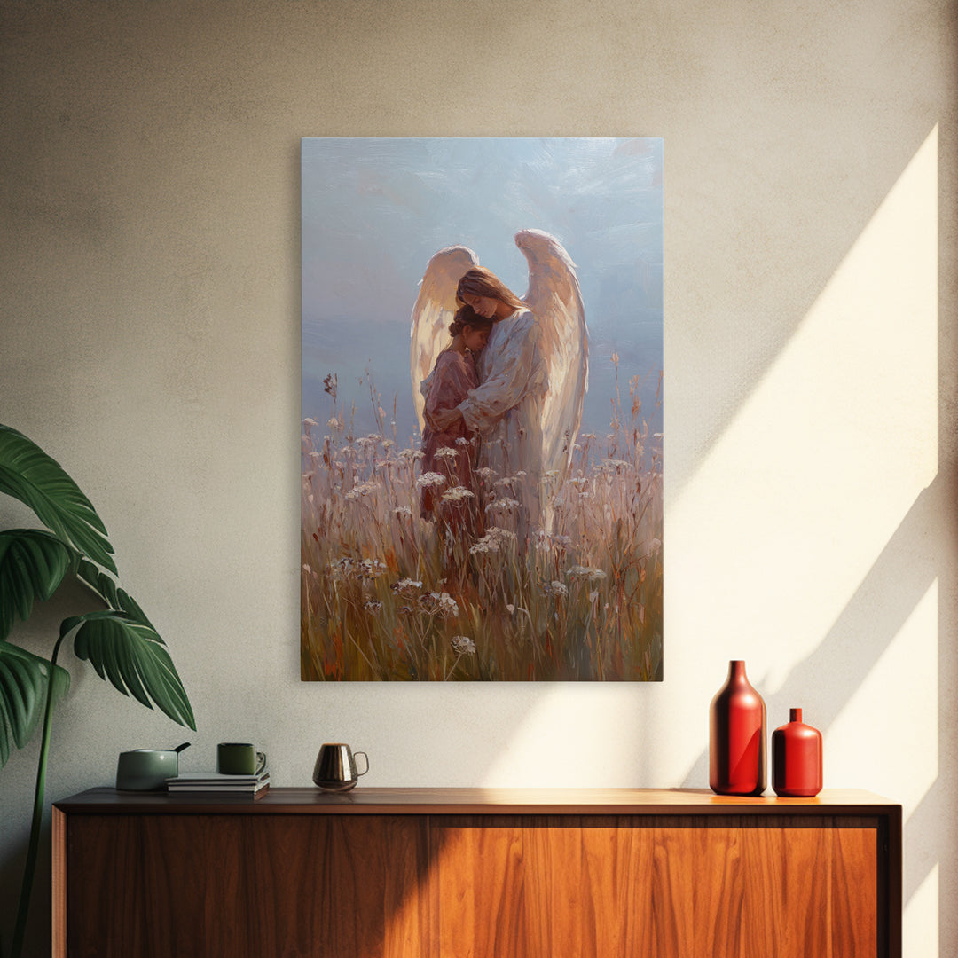 Sunlit Angel Embracing Child Wall Art, Christian Nursery Decor, Guardian Angel Canvas, Spiritual Home Decor, Gift For Her