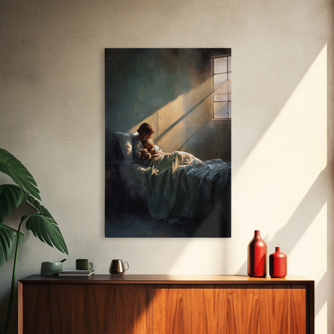 Sunlit Child With Teddy In Bed Wall Art, Bedroom Decor, Nursery Art Print, Sweet Dreams Poster, Cozy Guest Room Decor Gift