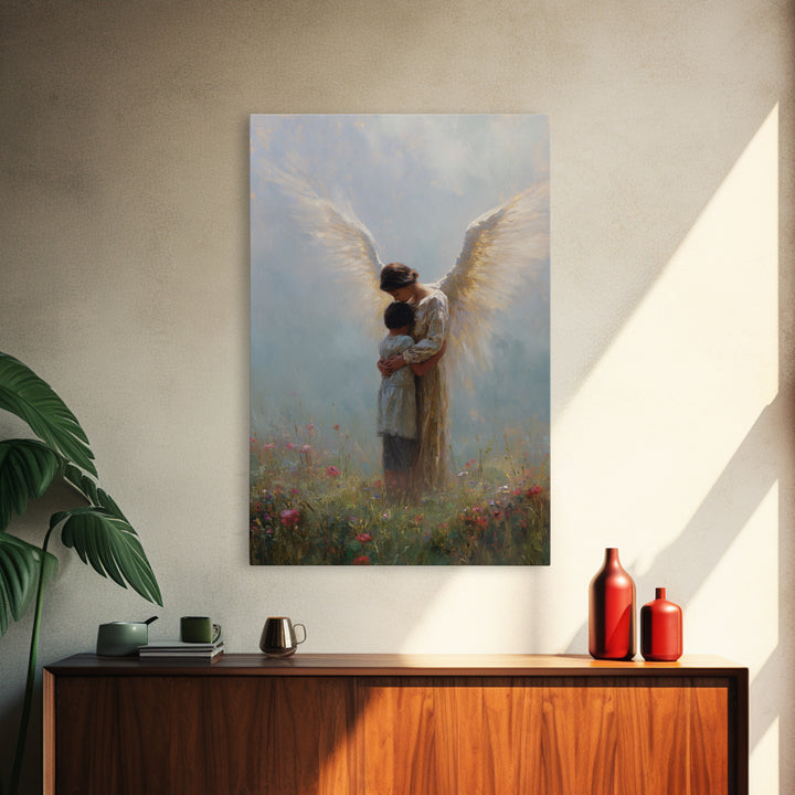 Guardian Angel Embracing Child In Wildflower Meadow Wall Art, Christian Nursery Decor, Spiritual Canvas Print Gift For Her