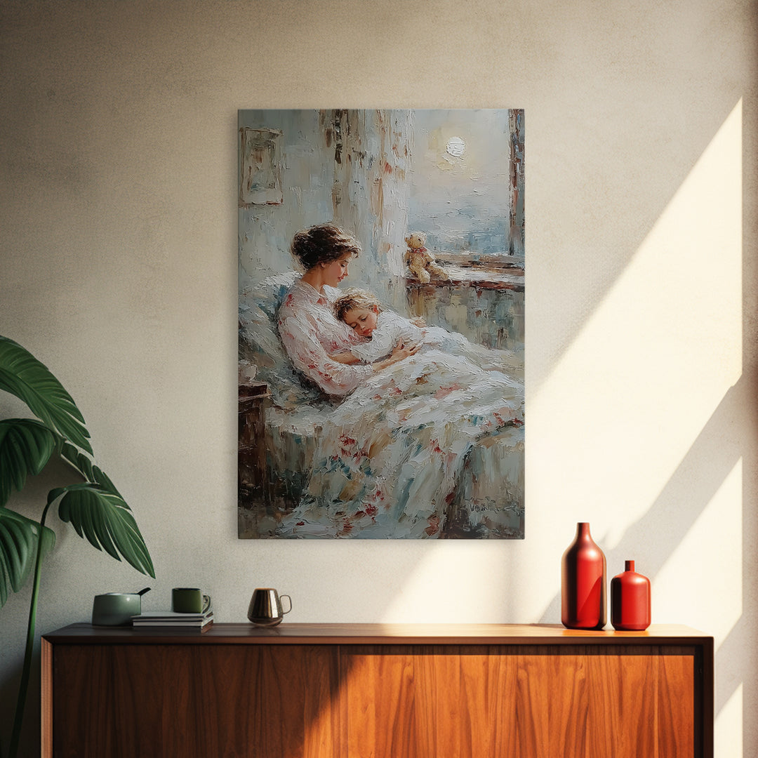 Mother Cradling Sleeping Child By Moonlit Window Framed Canvas Print, Bedroom Wall Art, Nursery Decor, Gift For Mom, Cozy Wall Art