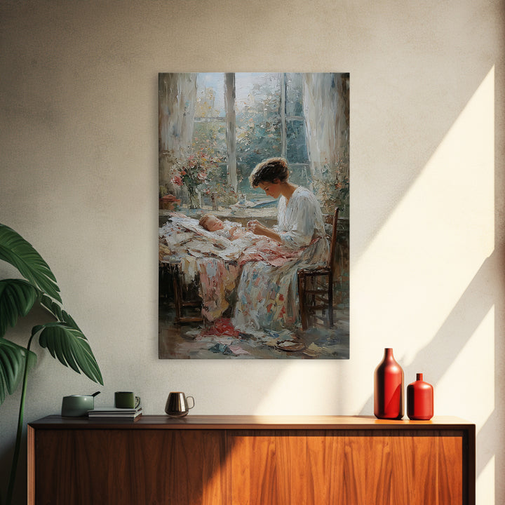 Mother Stitching By Baby Cradle, Bright Window Wall Art, Impressionist Oil Painting Print, Nursery Decor, Gift For Mom, Home Decor