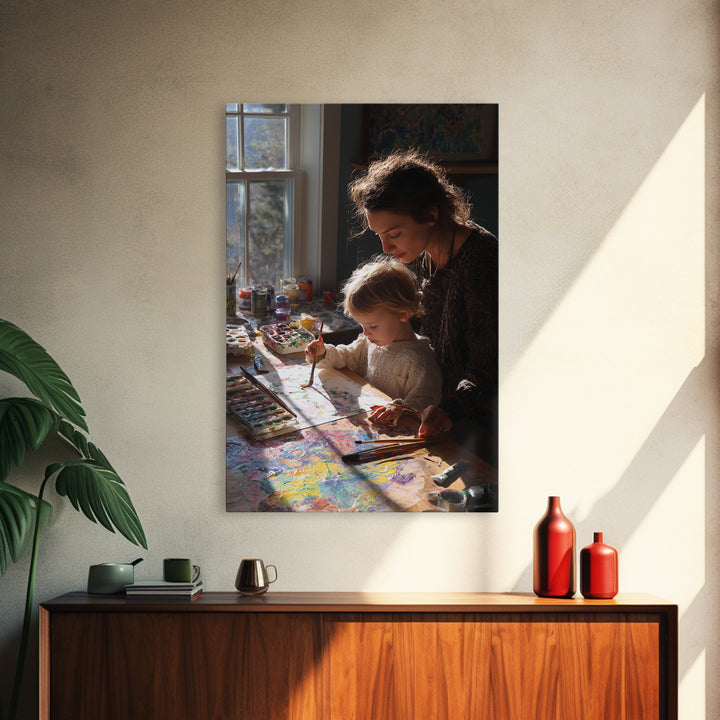 Mother And Toddler Painting Together, Sunlit Studio Wall Art, Modern Home Decor, Art Print, Gift For Mom, Kids Room Decor
