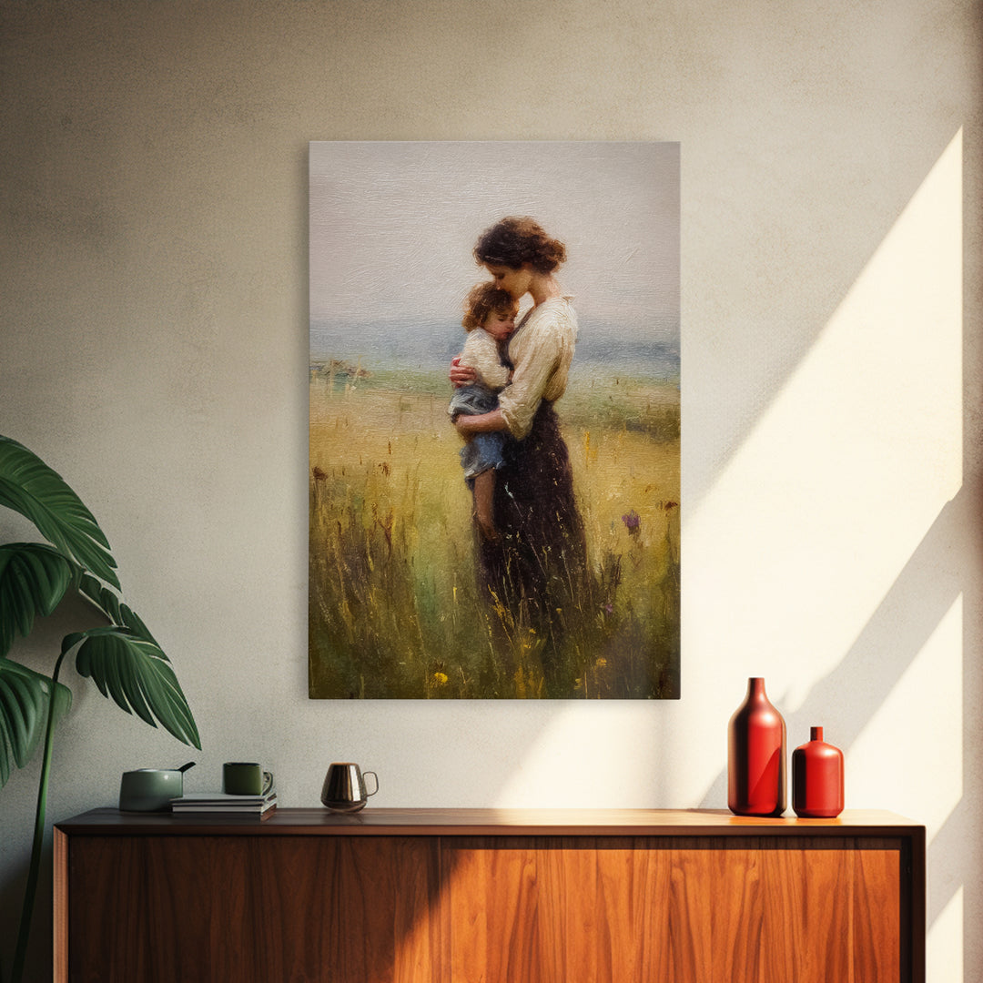 Tender Mother Holding Child In Golden Meadow Canvas Print, Soft Impressionist Oil Painting, Neutral Nursery Wall Art Gift