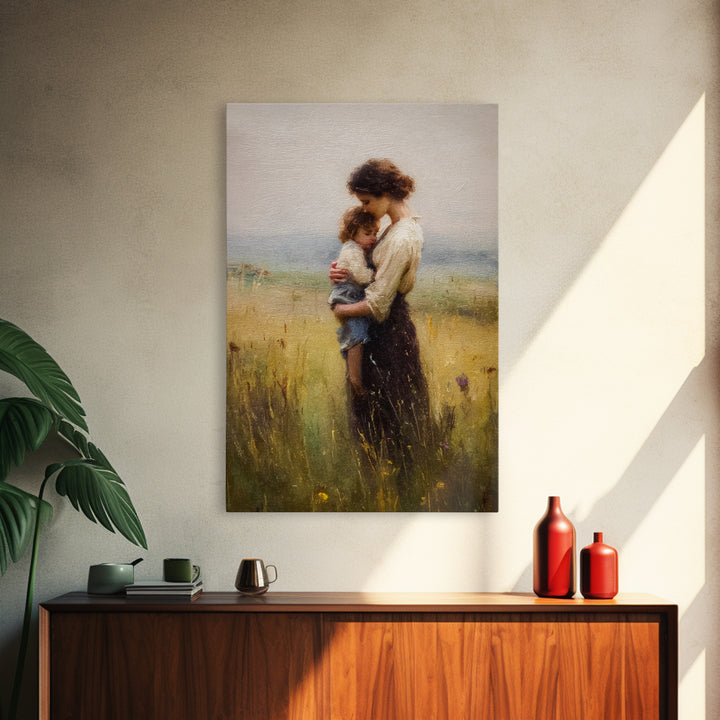 Tender Mother Holding Child In Golden Meadow Canvas Print, Soft Impressionist Oil Painting, Neutral Nursery Wall Art Gift