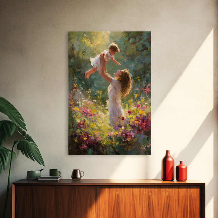 Sunlit Mother And Baby In Flower Garden Canvas Print, Impressionist Oil Painting, Colorful Nursery Wall Art Gift For Mom