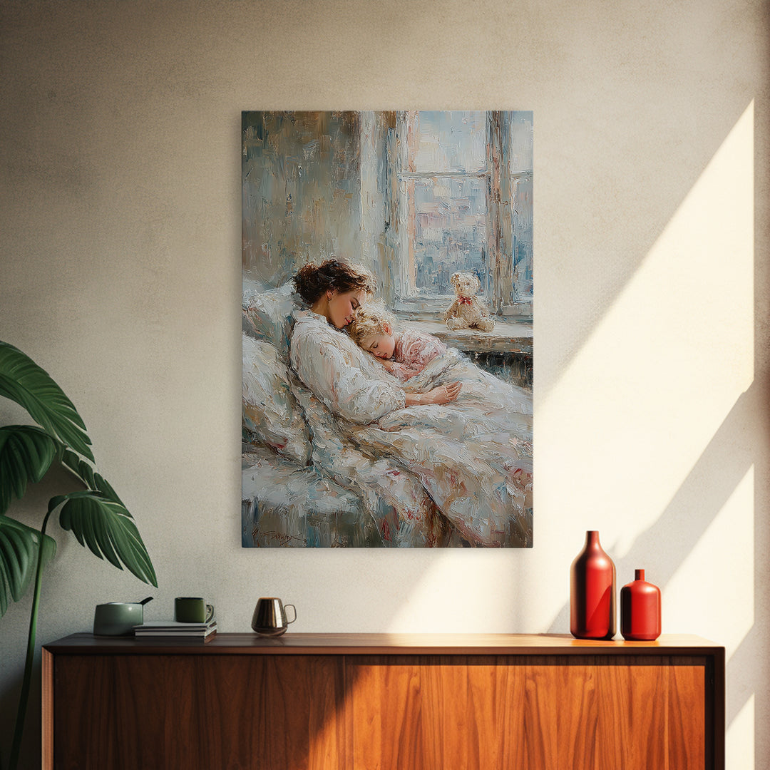 Tender Mother And Child Sleeping By Window Wall Art, Soft Nursery Decor, Mothers Day Gift, Bedroom Art Print, New Mom Gift