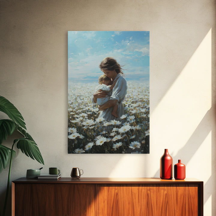 Mother Cradling Baby In Blue Sky Daisy Field Framed Canvas Print, Floral Wall Art, Nursery Decor, Mothers Day Gift, New Mom Gift