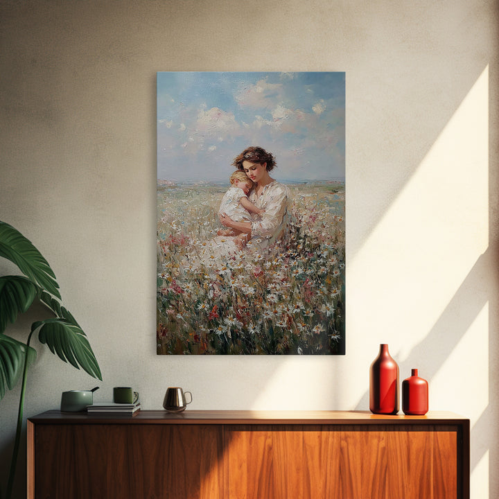 Romantic Mother And Baby In Wildflower Field Canvas Print, Floral Wall Art, Nursery Decor, Mothers Day Gift, New Mom Gift