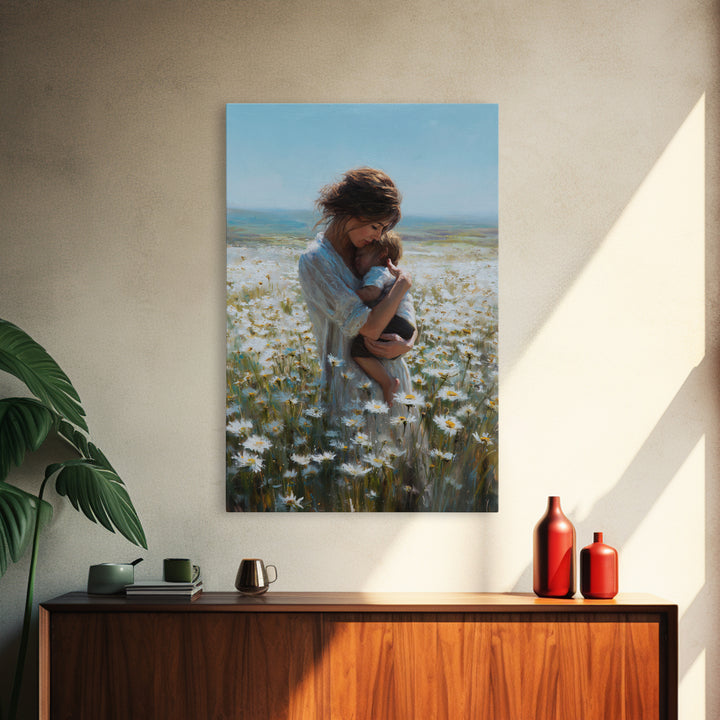Mother Nursing Baby In Daisy Meadow Wall Art, Feminine Floral Oil Painting Print, New Mom Gift, Nursery And Bedroom Decor
