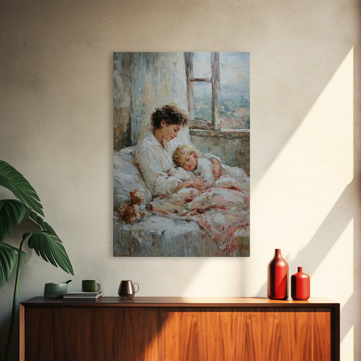 Mother And Sleeping Child By Window Framed Canvas Print, Cozy Bedroom Wall Art, New Mom Gift, Nursery Room Decor, Soft Neutral Home Decor