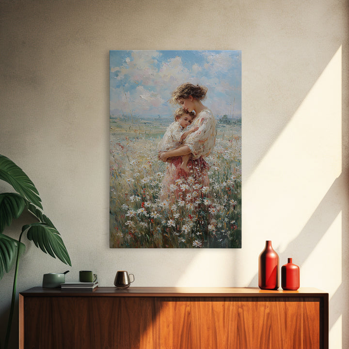 Mother Holding Child In Wildflower Meadow Wall Art, Impressionist Floral Oil Painting, New Mom Gift, Nursery Bedroom Decor