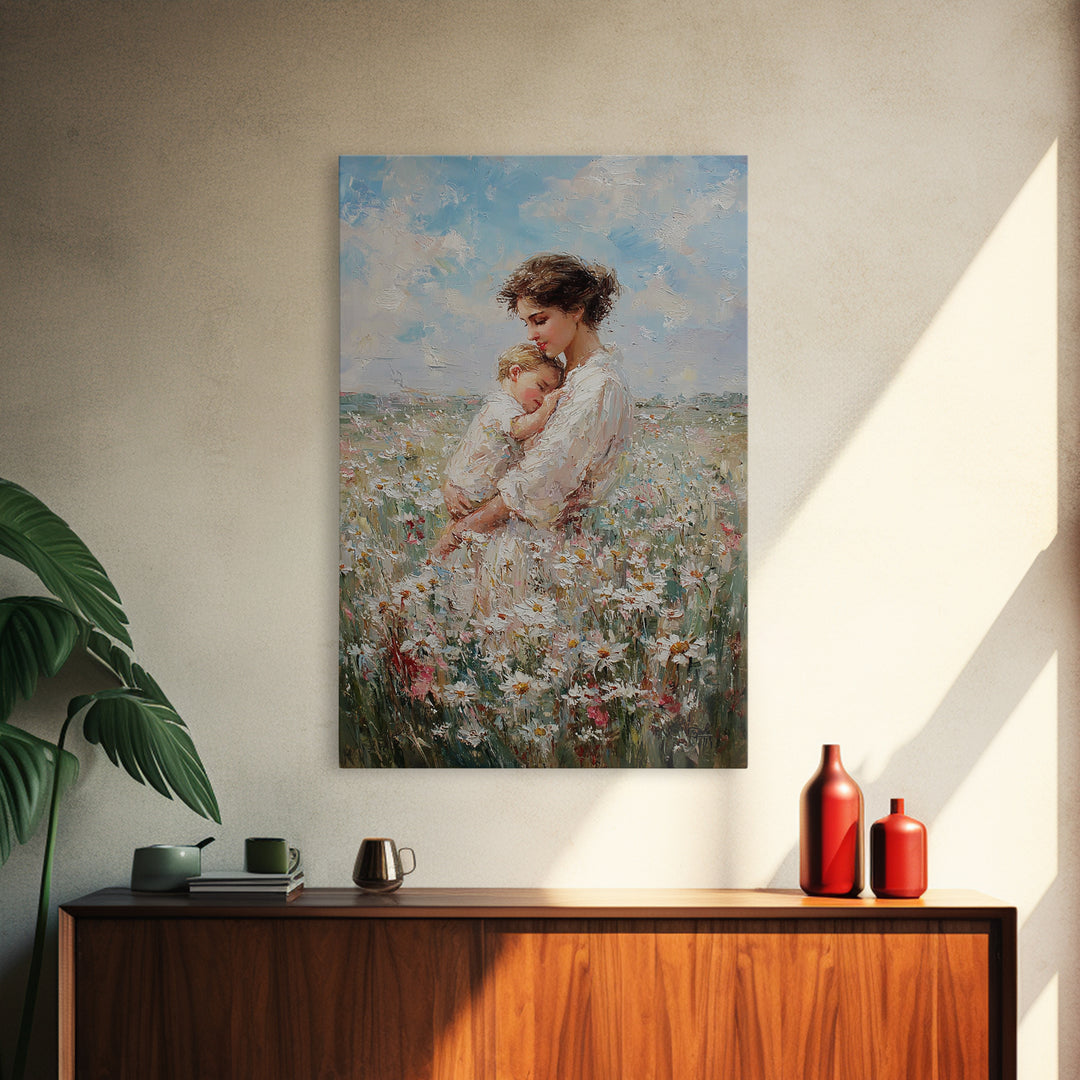Mother Cradling Baby In Daisy Field Canvas Print, Soft Floral Wall Art, Feminine Nursery Decor, Gift For New Mom, Bedroom Wall Decor