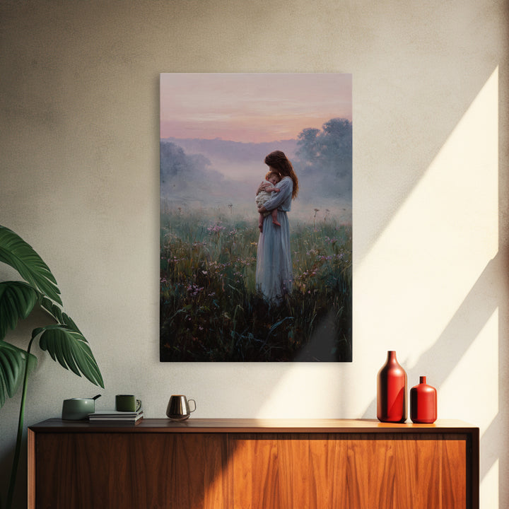 Mother And Baby In Misty Sunrise Meadow Wall Art, Romantic Landscape Oil Painting, New Mom Gift, Feminine Bedroom And Nursery Decor