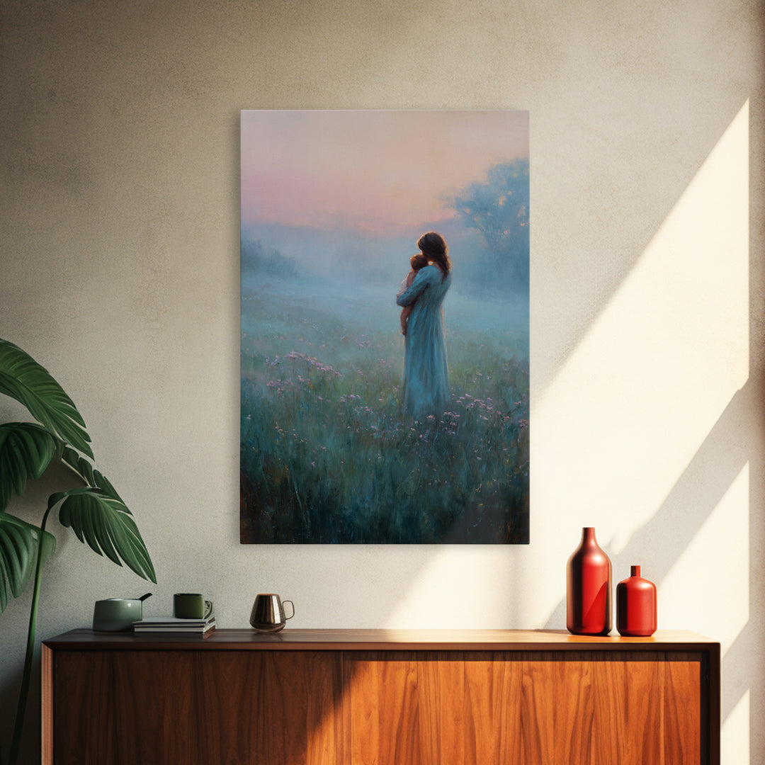 Mother Holding Baby In Foggy Pastel Meadow Canvas Print, Calming Landscape Wall Art, New Mom Gift, Nursery Decor, Soft Bedroom Wall Decor