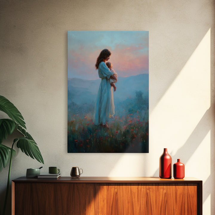 Mother And Baby At Blue Pink Sunset Wall Art, Dreamy Mountain Landscape Oil Painting, New Mom Gift, Feminine Nursery Decor