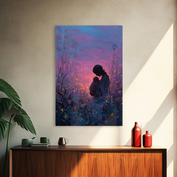 Twilight Mother And Baby In Firefly Meadow Canvas Print, Celestial Nursery Wall Art, Fantasy Decor, Gift For Mom, Bedroom Decor