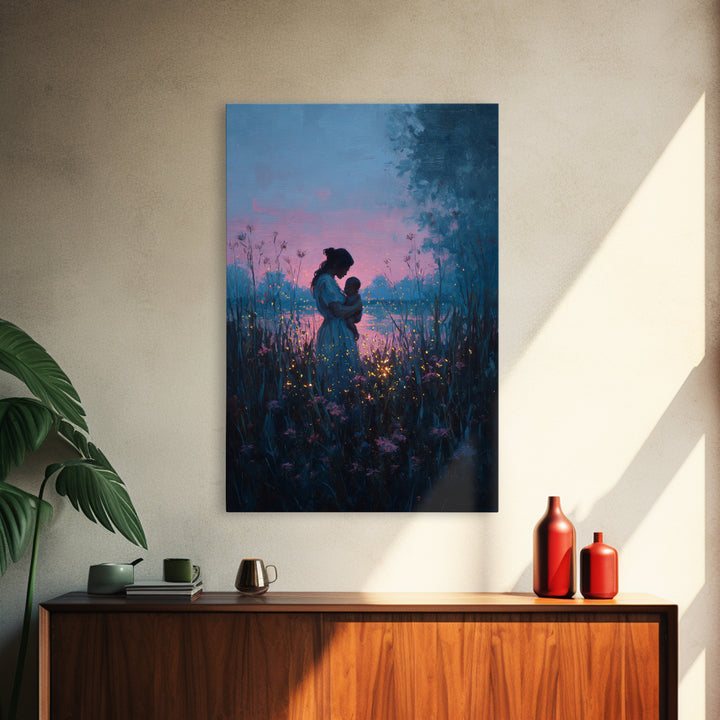 Blue Dusk Mother And Child By Lake Wall Art, Firefly Meadow Painting, Celestial Nursery Decor, Spiritual Gift For Mom, Art Print