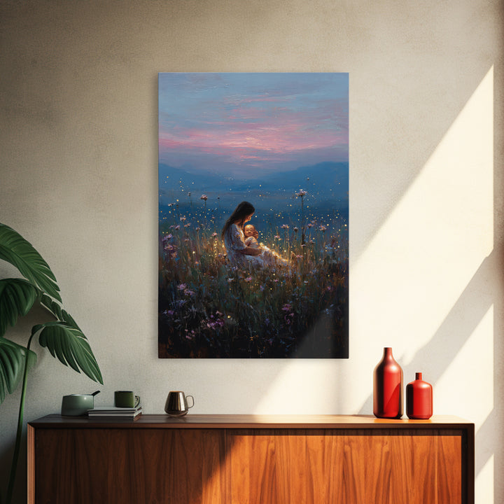 Glowing Mother And Baby In Mountain Meadow Canvas Print, Serene Landscape Wall Art, Nursery Decor, Spiritual Gift For Mom