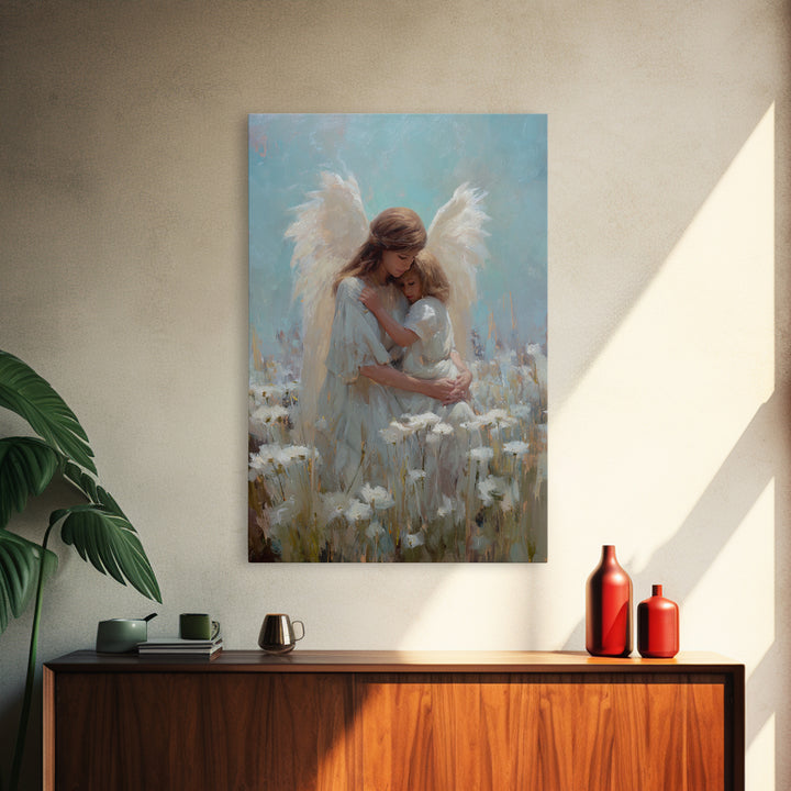Guardian Angel Hugging Child In White Flower Field Wall Art, Spiritual Canvas Print, Christian Nursery Decor, Gift For Mom