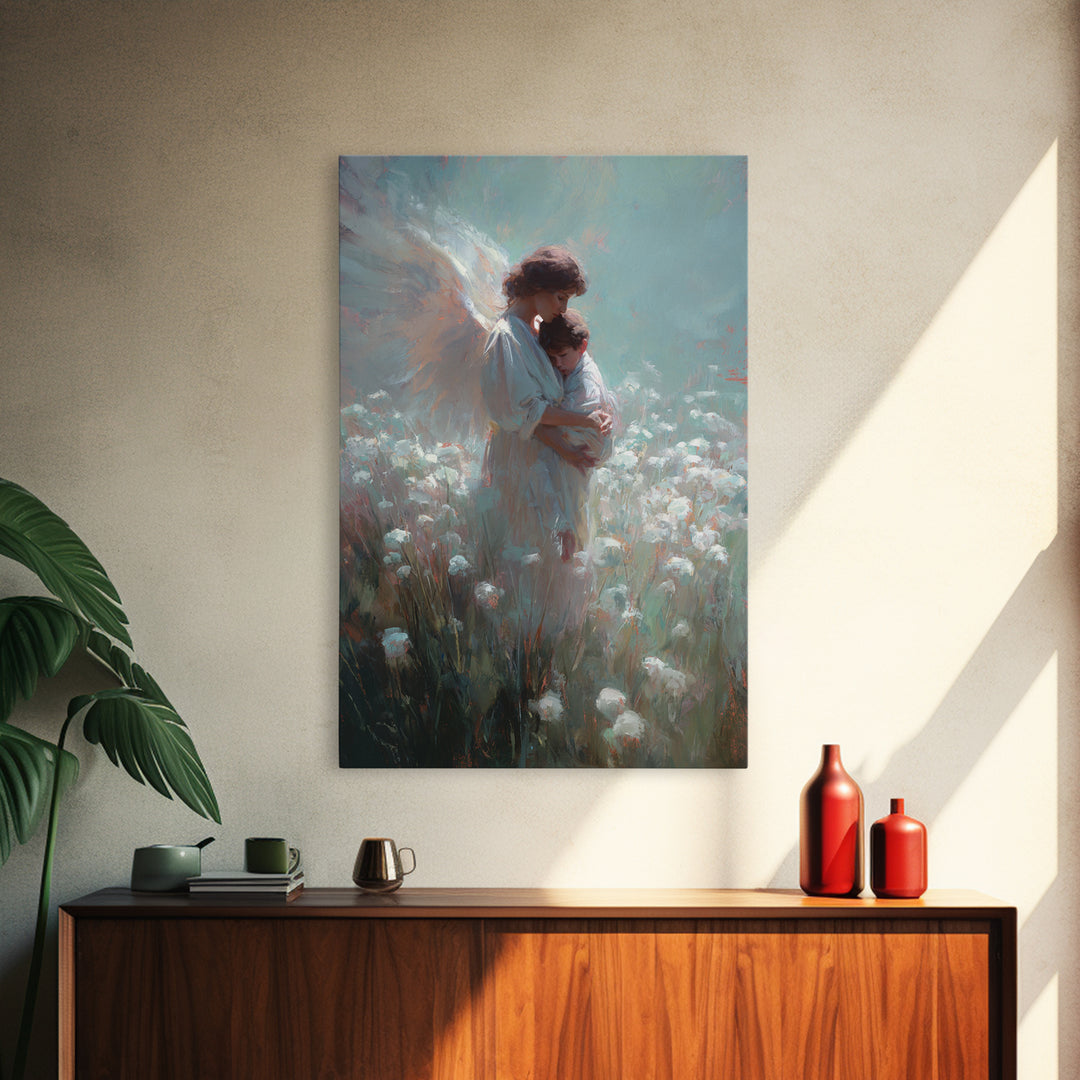 Angel Mother Holding Child In Soft White Meadow Framed Canvas Print, Spiritual Wall Art, Christian Nursery Decor, Gift For Mom
