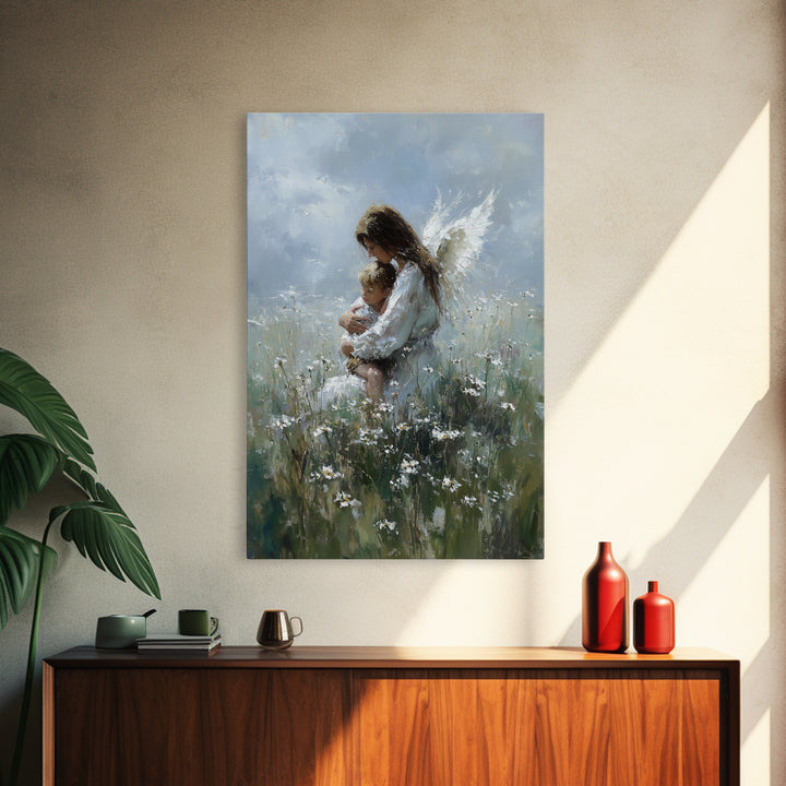 Angel Embracing Child In Wild Daisy Meadow Canvas Print, Soft Spiritual Wall Art, Christian Nursery Decor, Gift For Mom, Bedroom Decor