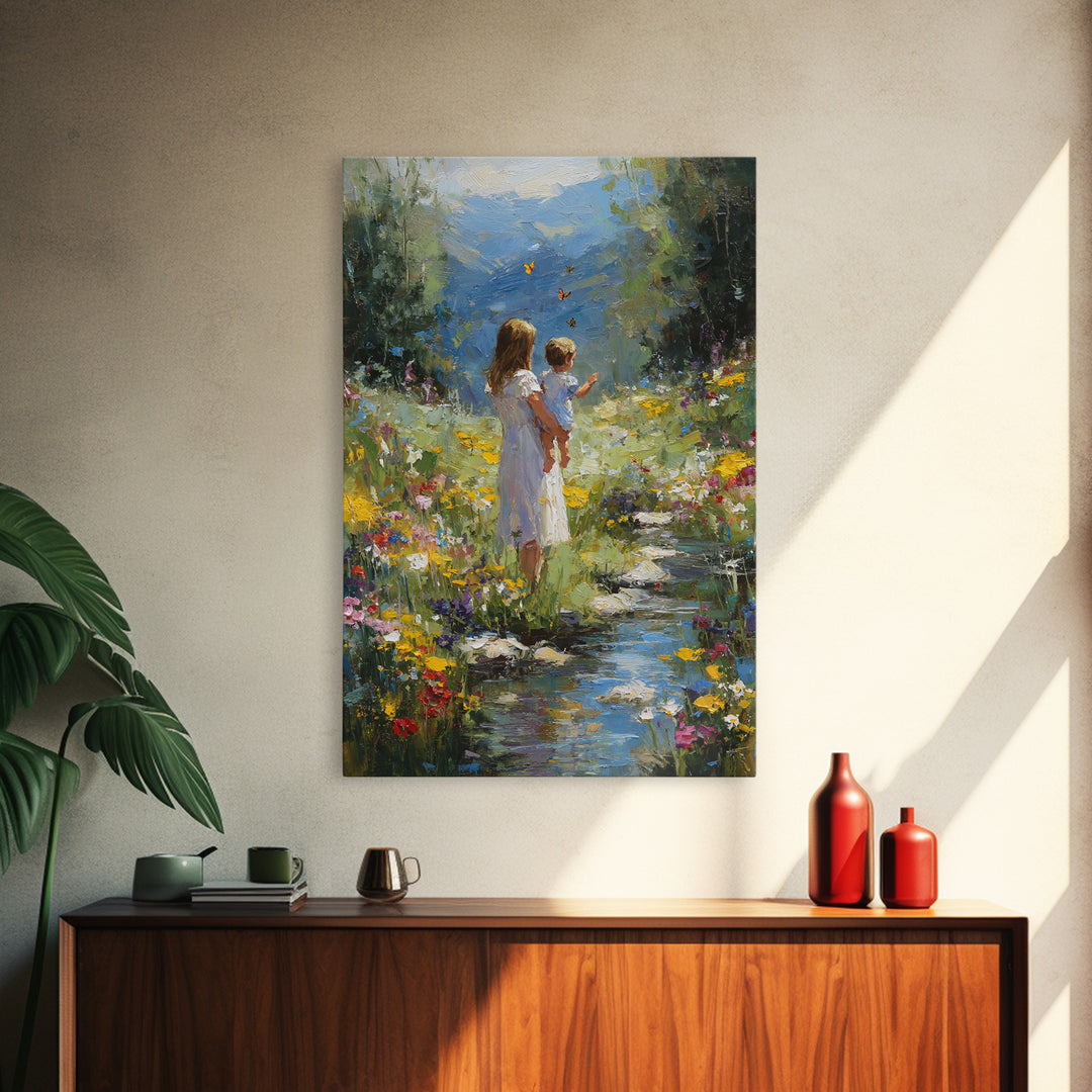 Mother And Child By Mountain Stream Wall Art, Wildflower Landscape Painting, Nature Wall Art, Nursery Decor, Housewarming Gift