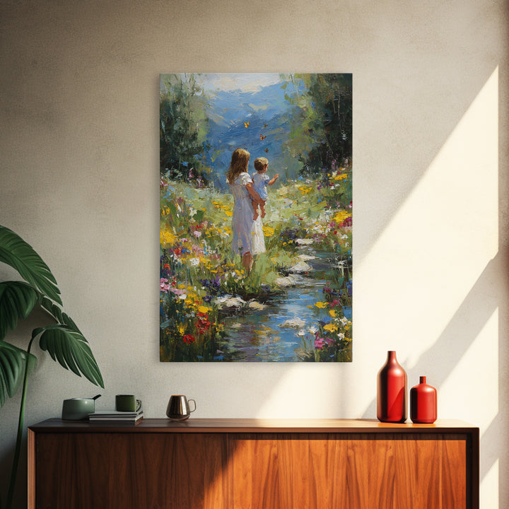 Mother And Child By Mountain Stream Wall Art, Wildflower Landscape Painting, Nature Wall Art, Nursery Decor, Housewarming Gift