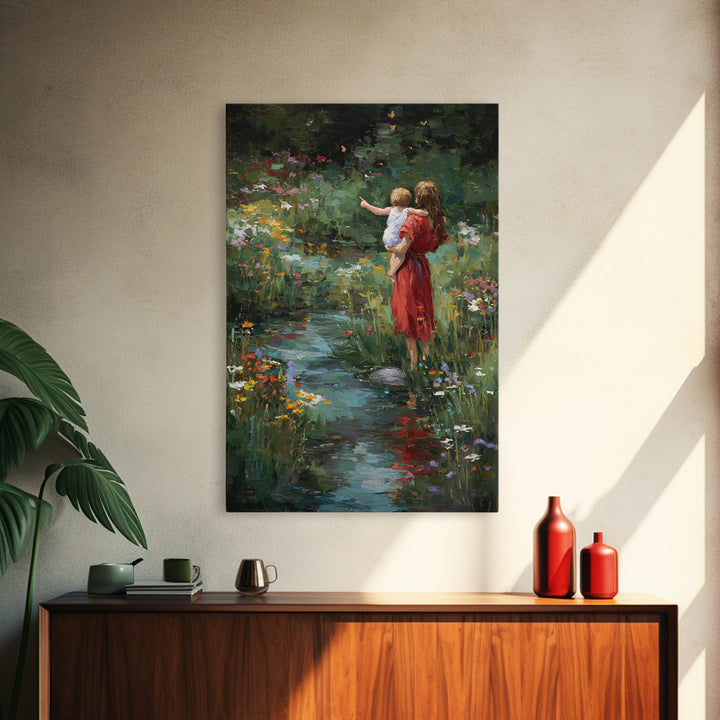 Mother In Red Dress With Child By Garden Stream Wall Art, Moody Floral Art, Nature Wall Decor, Gift For Her, Fine Art Print