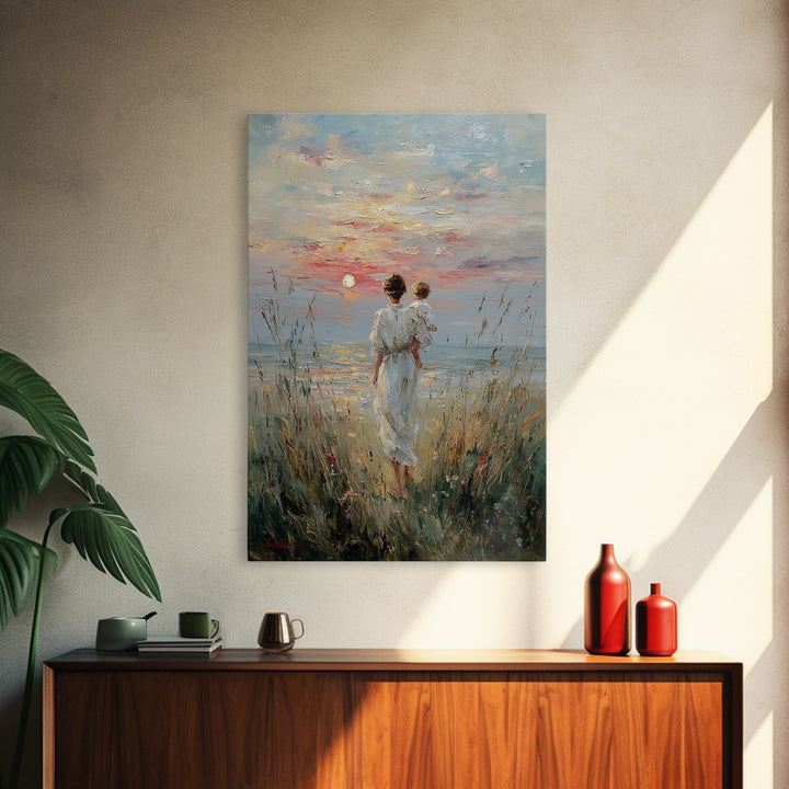 Mother And Child Watching Sunset Over Lake Framed Canvas Print, Coastal Wall Art, Serene Bedroom Decor, Motherhood Gift, Fine Art Print