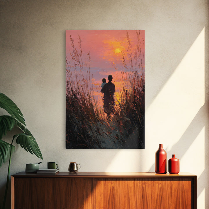 Silhouette Mother And Baby At Orange Sunset Canvas Print, Coastal Wall Art, Romantic Bedroom Decor, Gift For Mom, Sunset Art