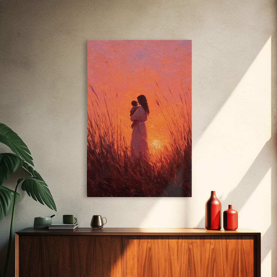 Mother And Baby In Fiery Sunset Grass Canvas Print, Romantic Wall Art, Warm Orange Decor, Nursery Wall Art, Gift For Her