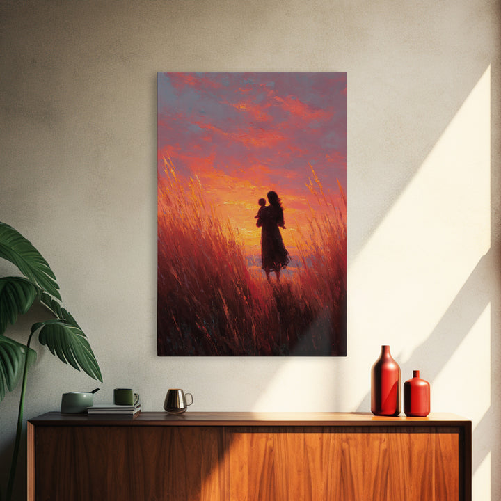 Mother And Baby Sunset Meadow Wall Art, Impressionist Oil Painting Print, Feminine Nursery Decor, Gift For Mom, Living Room Decor