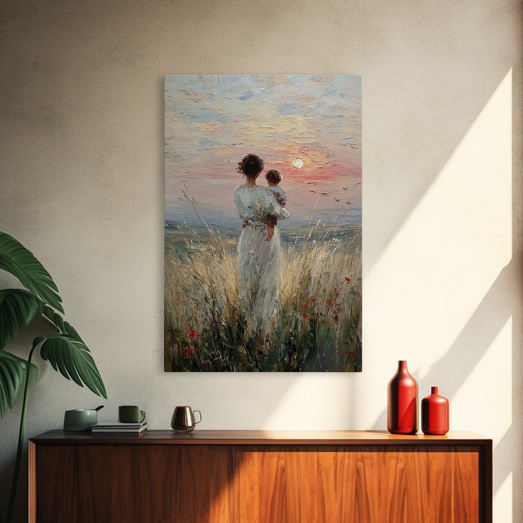 Mother And Child By The Sea Framed Canvas Print, Coastal Meadow Oil Painting, Feminine Wall Decor, Gift For Mom, Nursery Wall Art