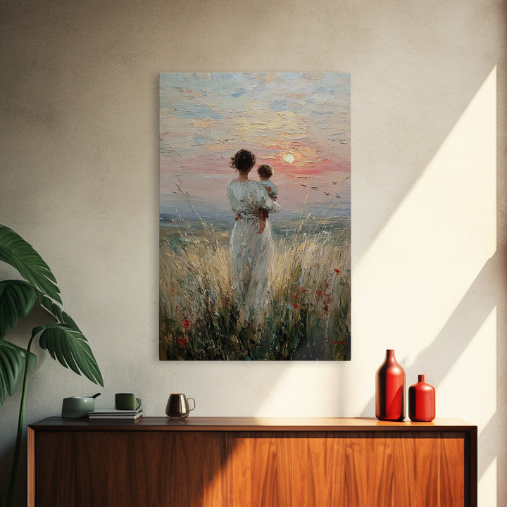 Mother And Child By The Sea Framed Canvas Print, Coastal Meadow Oil Painting, Feminine Wall Decor, Gift For Mom, Nursery Wall Art
