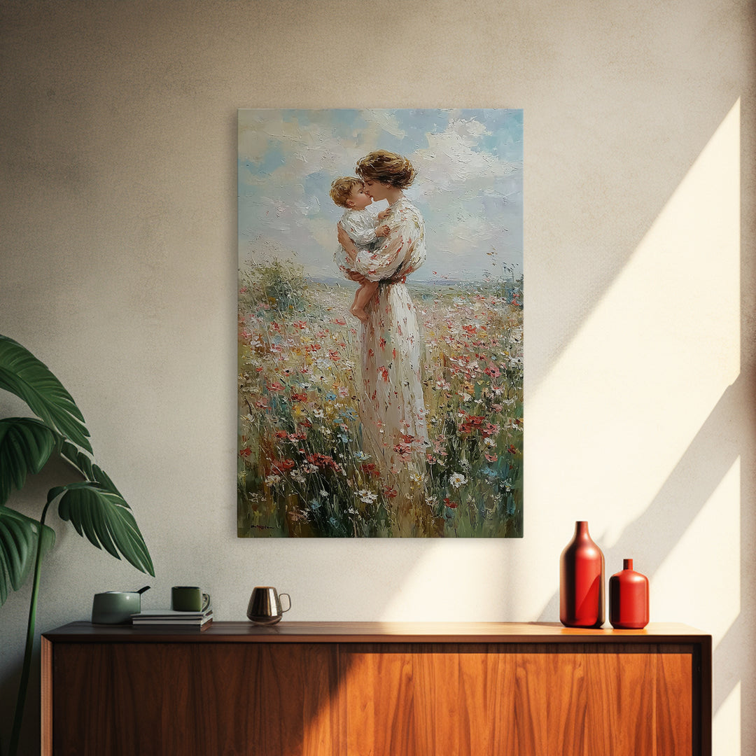 Mother Kissing Baby In Wildflower Field Canvas Print, Impressionist Floral Wall Art, Nursery Decor, Gift For Her, Mothers Day Gift