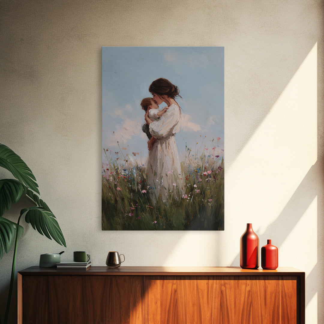 Mother Cuddling Baby In Soft Meadow Framed Canvas Print, Minimalist Floral Wall Art, Calming Nursery Decor, Gift For Mom