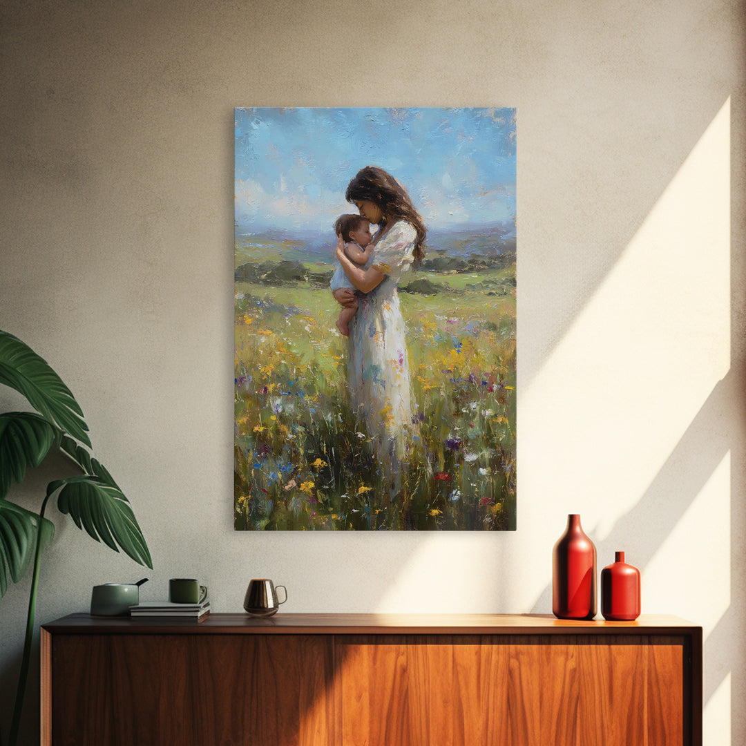 Mother And Baby In Rolling Hills Meadow Canvas Print, Impressionist Landscape Wall Art, Floral Nursery Decor, Gift For Mom