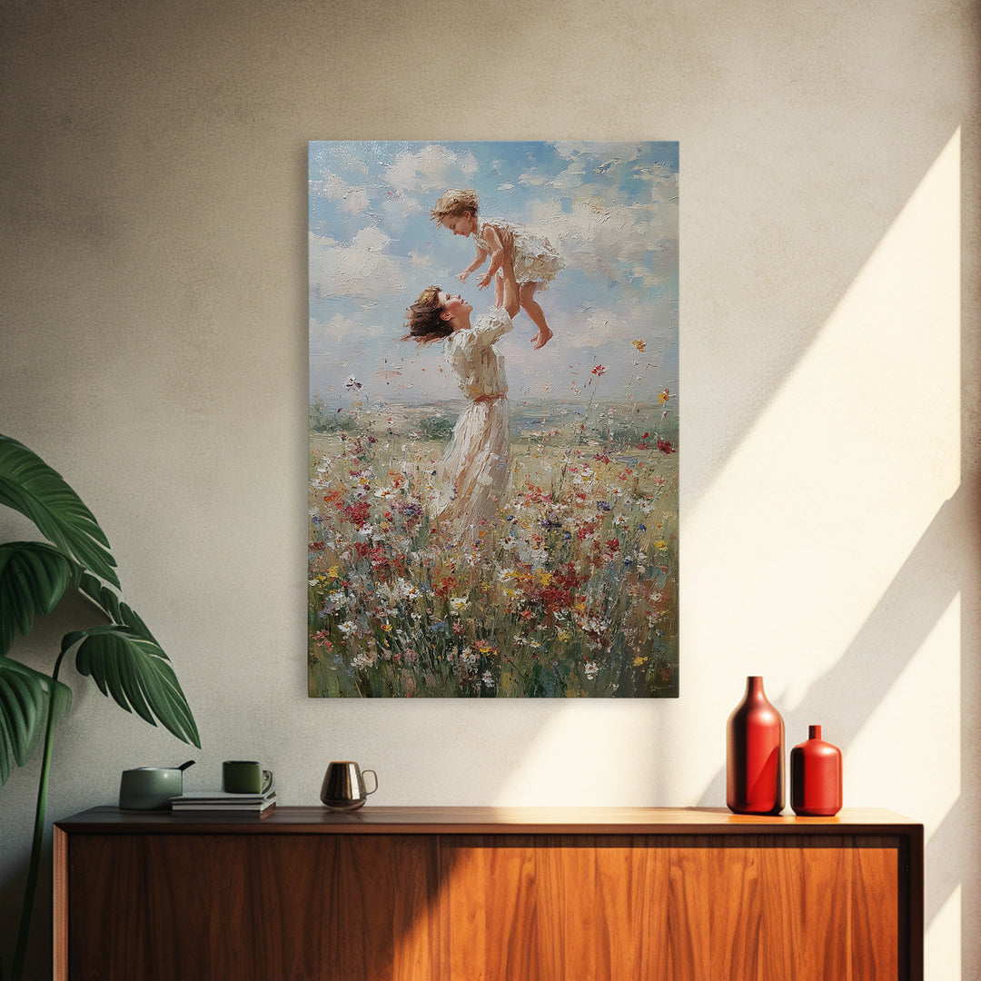 Mother Lifting Child Above Wildflower Meadow Wall Art, Joyful Impressionist Oil Painting Print, Nursery Decor, Gift For Mom