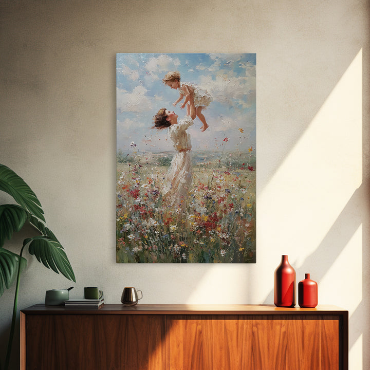 Mother Lifting Child Above Wildflower Meadow Wall Art, Joyful Impressionist Oil Painting Print, Nursery Decor, Gift For Mom