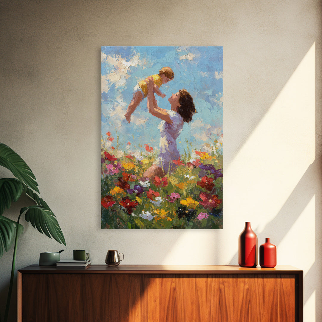 Kneeling Mother Lifting Baby Among Poppies Canvas Print, Impressionist Floral Wall Art, Nursery Decor, Mothers Day Gift For Mom