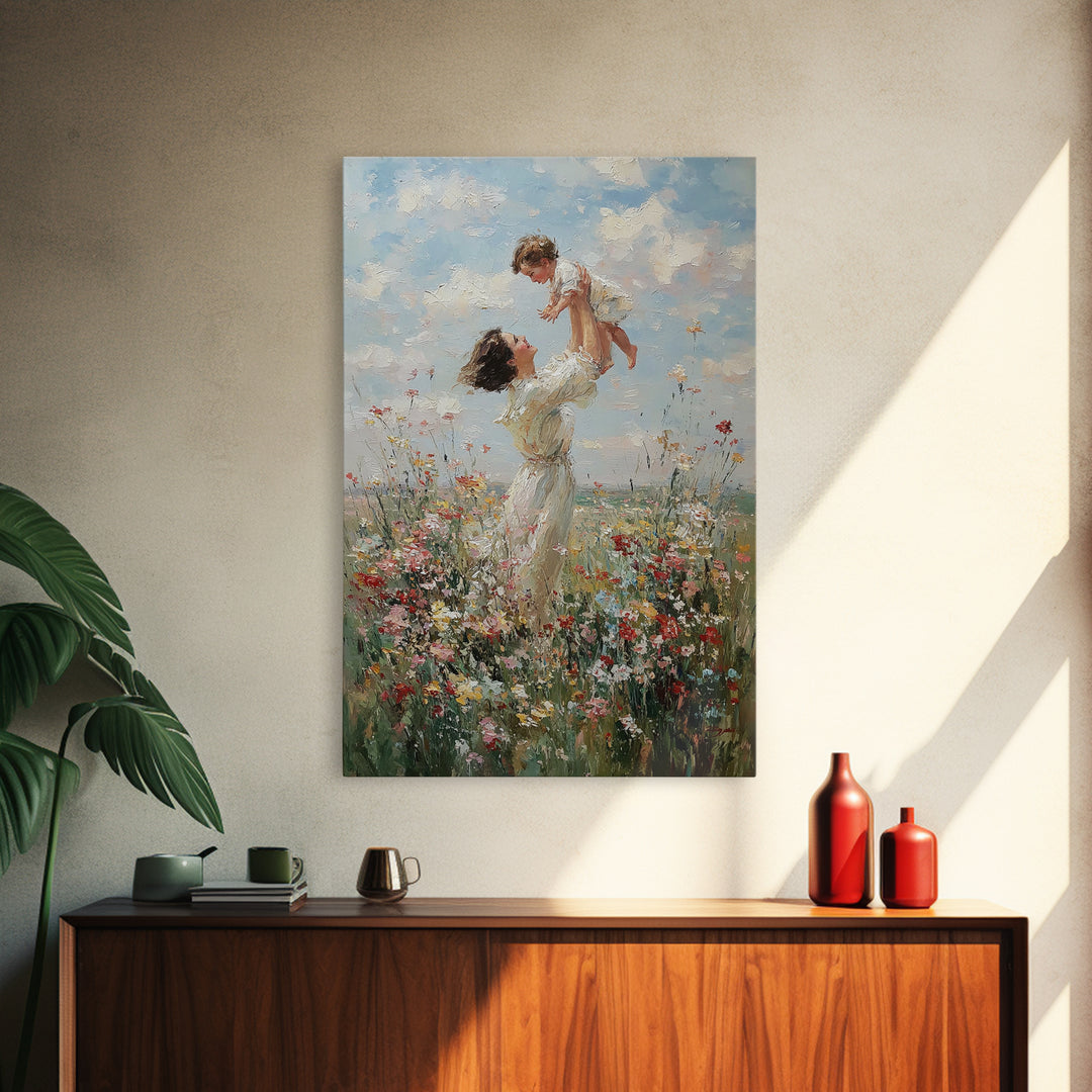 Airy Mother And Toddler In Wild Meadow Framed Canvas Print, Impressionist Wall Art, Living Room Decor, Mothers Day Gift For Mom