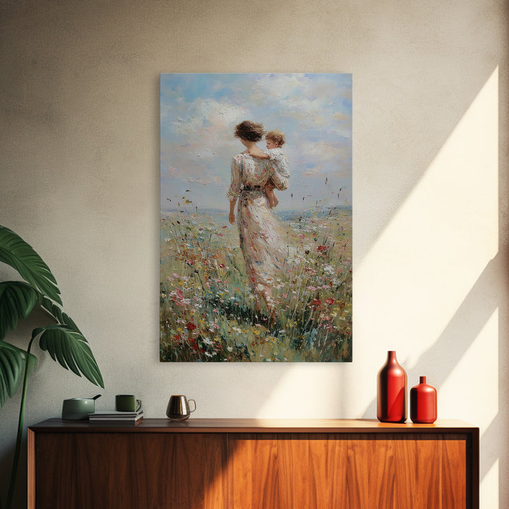 Mother And Child Walking Through Wildflower Meadow Canvas Print, Impressionist Wall Art, Nursery Decor, Mothers Day Gift