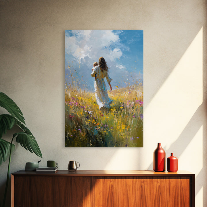 Mother Carrying Child Through Sunny Meadow Canvas Print, Impressionist Landscape Wall Art, Nursery Decor, Mothers Day Gift For Mom